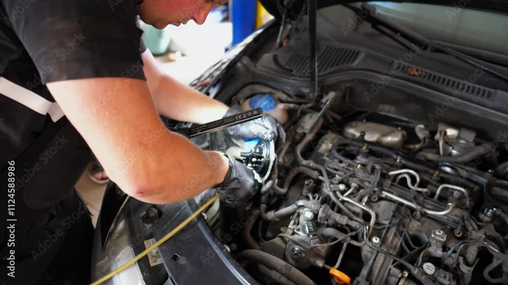 Professional repairman working under hood of vehicle at service. Young auto mechanic fixing engine of car at workshop. Male repairer checking automobile motor at garage. Transport diagnostic concept