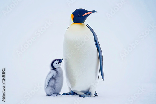 Emperor penguin with her baby in a snowy landscape photo