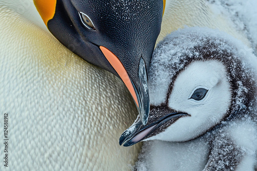 Emperor penguin with her baby in a snowy landscape photo