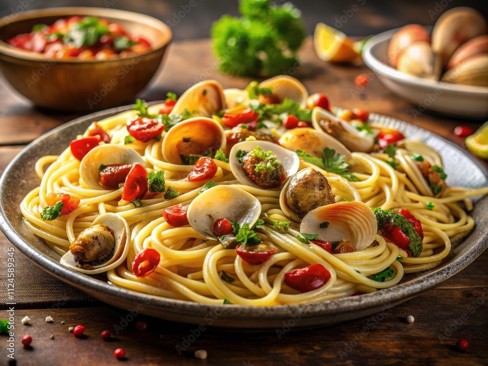 Spicy Clam Spaghetti, Italian Seafood Pasta Recipe, Delicious Italian Food Photography Spicy Clam Spaghetti, Italian Seafood Pasta Recipe, Delicious Italian Food Photography