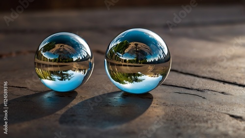 Two Crystal Balls Reflecting a Cityscape Scene photo