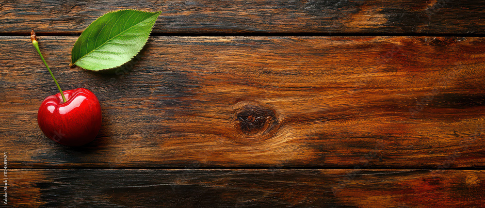 A vibrant red cherry with a green leaf rests on a rustic wooden surface, showcasing natural beauty and freshness. A vibrant red cherry with a green leaf rests on a rustic wooden surface, showcasing natural beauty and freshness.