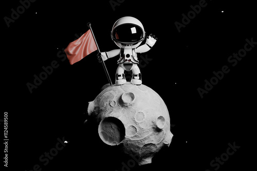 Cute astronaut in a space suit waving on a moon-like planet in space. photo