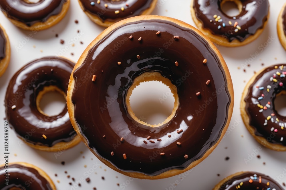 Donut with chocolate glaze isolated on white background. One round American chocolate doughnut. Front View. Top view. Donut with chocolate glaze isolated on white background. One round American chocolate doughnut. Front View. Top view.