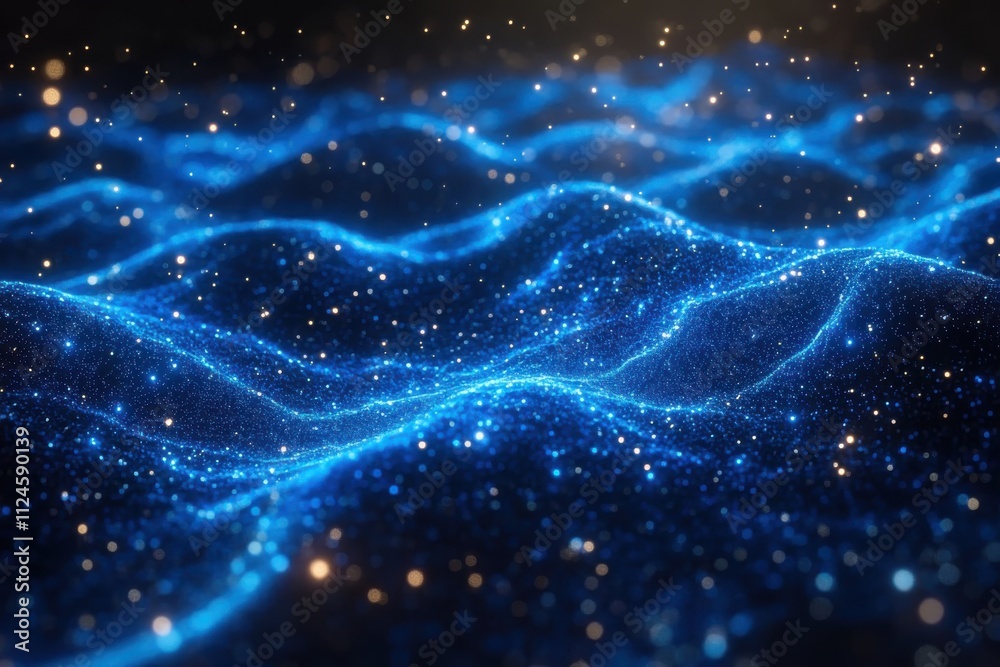 Abstract waves of blue light with sparkling particles creating a digital atmosphere. Abstract waves of blue light with sparkling particles creating a digital atmosphere.