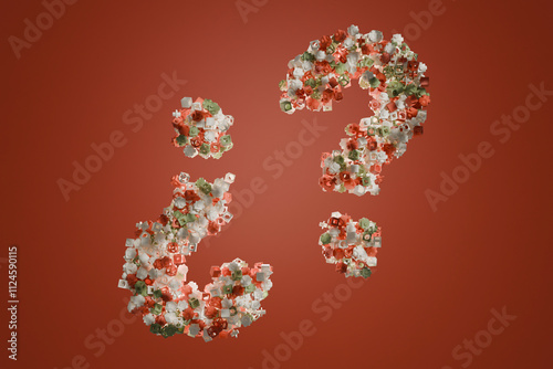 3D rendering of question punctuation symbols made of geometric shapes.