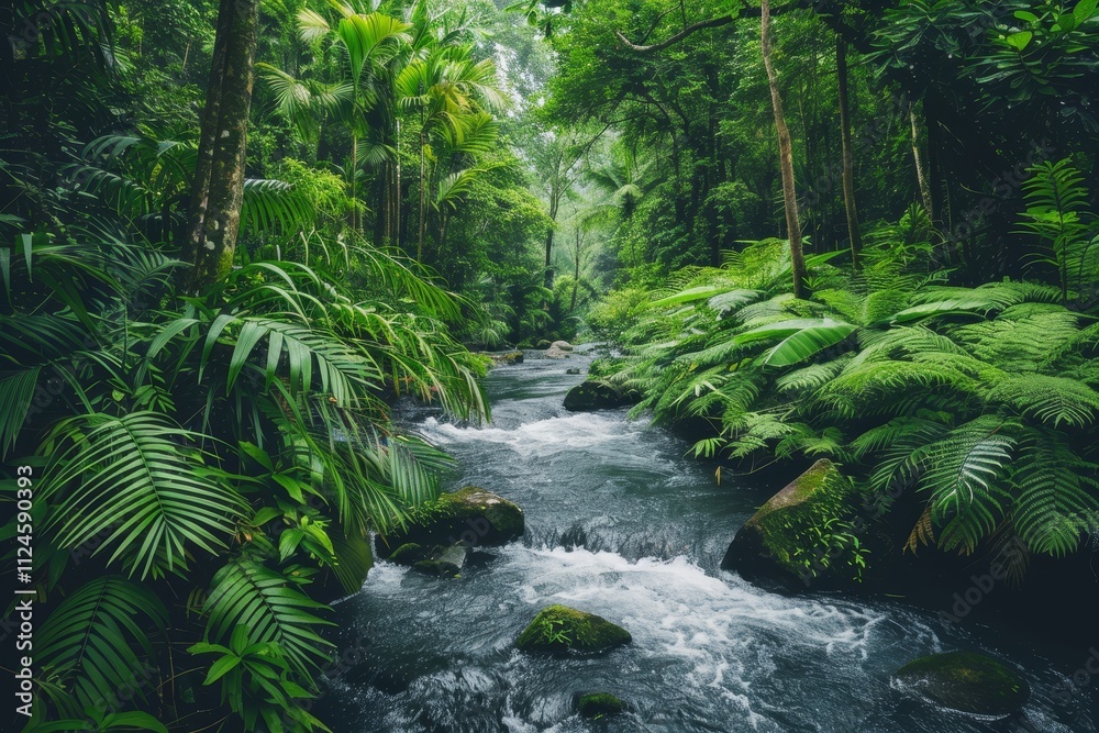 A tranquil rainforest showcases a gentle stream winding through lush foliage, with thick greenery and ferns surrounding the water. Morning mist adds a peaceful ambiance. A tranquil rainforest showcases a gentle stream winding through lush foliage, with thick greenery and ferns surrounding the water. Morning mist adds a peaceful ambiance.