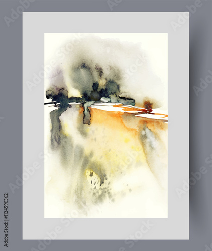 Painting with abstract scenery and environment from strokes of watercolor paint on horizon. Scenery in surrealistic style for design of trendy magazine about nature and environmental issues
