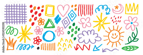 charcoal shapes and squiggles in chalk childish girly style doodle hand drawn line set. Pencil drawings. Crown, stars, flower, heart and grid collage elements.