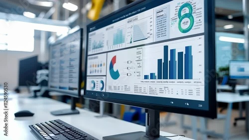 High tech factory leverages software to display real time data analysis and key performance indicators - kpis - on a computer screen