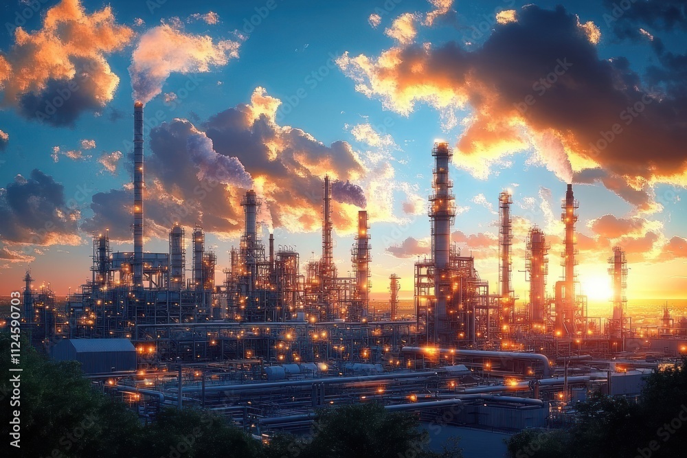 Refinery at Dusk with Towering Structures and Intricate Pipework Refinery at Dusk with Towering Structures and Intricate Pipework