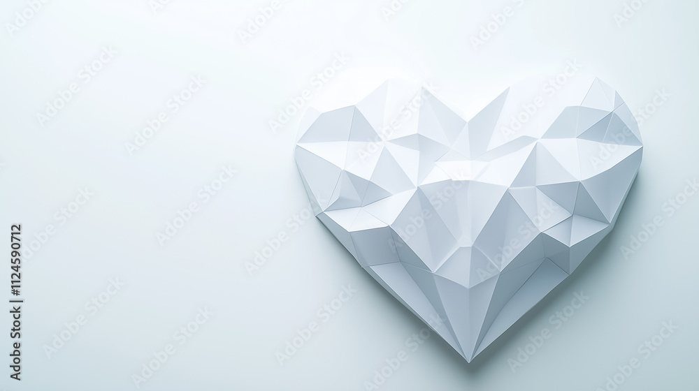 A 3D white paper heart rests on a smooth surface, showcasing origami-inspired angles and details A 3D white paper heart rests on a smooth surface, showcasing origami-inspired angles and details