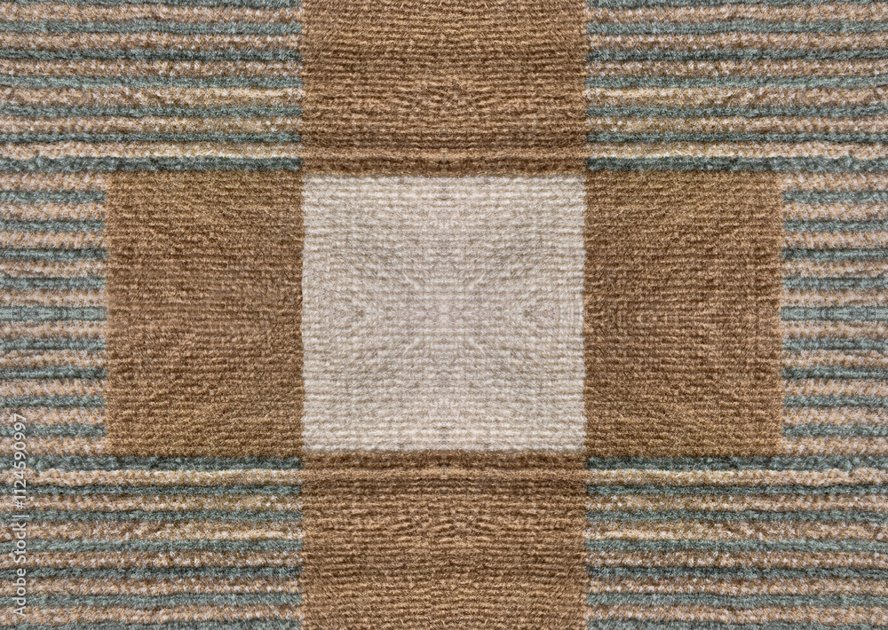 Fototapeta premium Carpet floor texture in blue and beige horizontal stripes, forming plus sign in the middle. Blue beige stripes, brown and white plus pattern seamless background texture.
