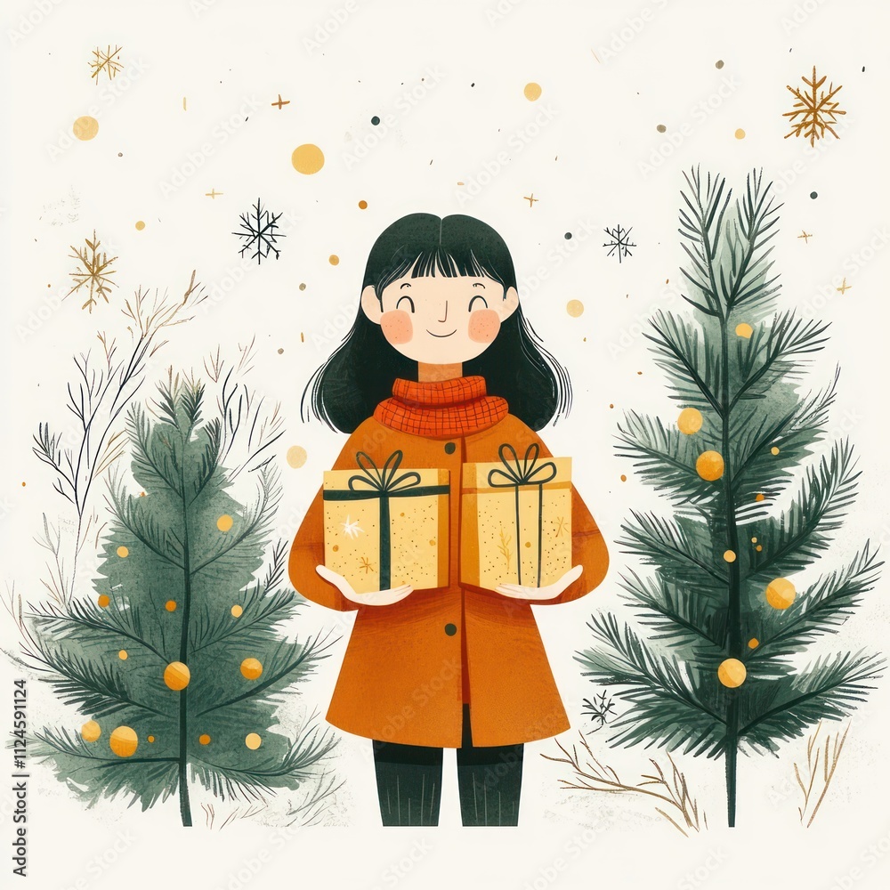 Colorful illustration of a woman holding gifts surrounded by evergreen trees on white background Colorful illustration of a woman holding gifts surrounded by evergreen trees on white background