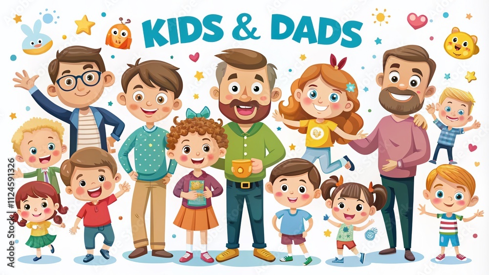 A Collection of Adorable Hand-Drawn Cartoon Kids and Dads Engaging in Playful Activities in Various Poses on a White Background for Family-Themed Illustrations A Collection of Adorable Hand-Drawn Cartoon Kids and Dads Engaging in Playful Activities in Various Poses on a White Background for Family-Themed Illustrations