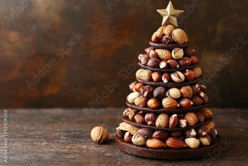 Original Christmas tree made of nuts on a dark wooden table