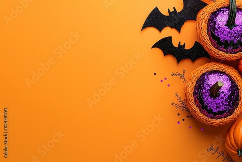 Top view photo of halloween decorations pumpkin baskets bat silhouettes and violet sequins on isolated orange background with copyspace photo