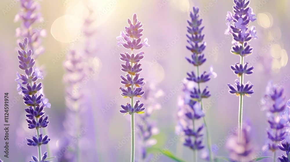 Naklejka premium A close-up of blooming lavender flowers, showcasing their vibrant purple hues and delicate structure in a soft, dreamy light.