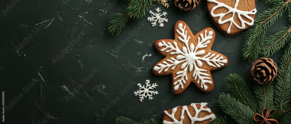 A festive arrangement of gingerbread cookies shaped like snowflakes, adorned with icing, surrounded by pine branches and decorative elements. A festive arrangement of gingerbread cookies shaped like snowflakes, adorned with icing, surrounded by pine branches and decorative elements.
