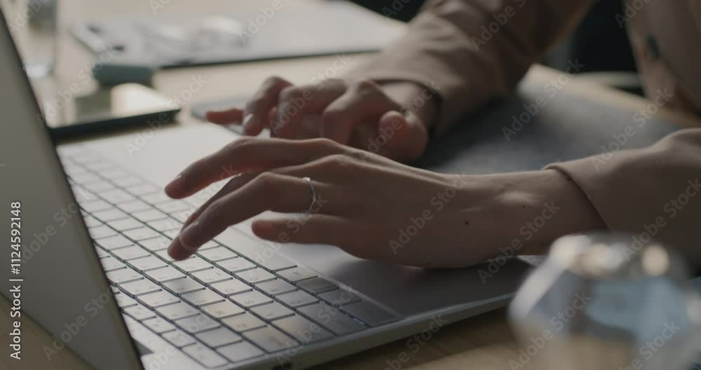 Close-up of female hands typing with laptop computer while businesswoman working at desk in office. Modern technology and business concept. Close-up of female hands typing with laptop computer while businesswoman working at desk in office. Modern technology and business concept.