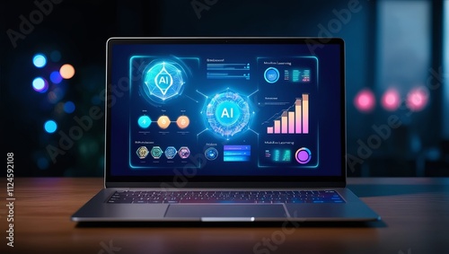 a sleek laptop showcasing impressive AI analytics and visualizations, demonstrating the future of technology and its impact on business success in a professional setting