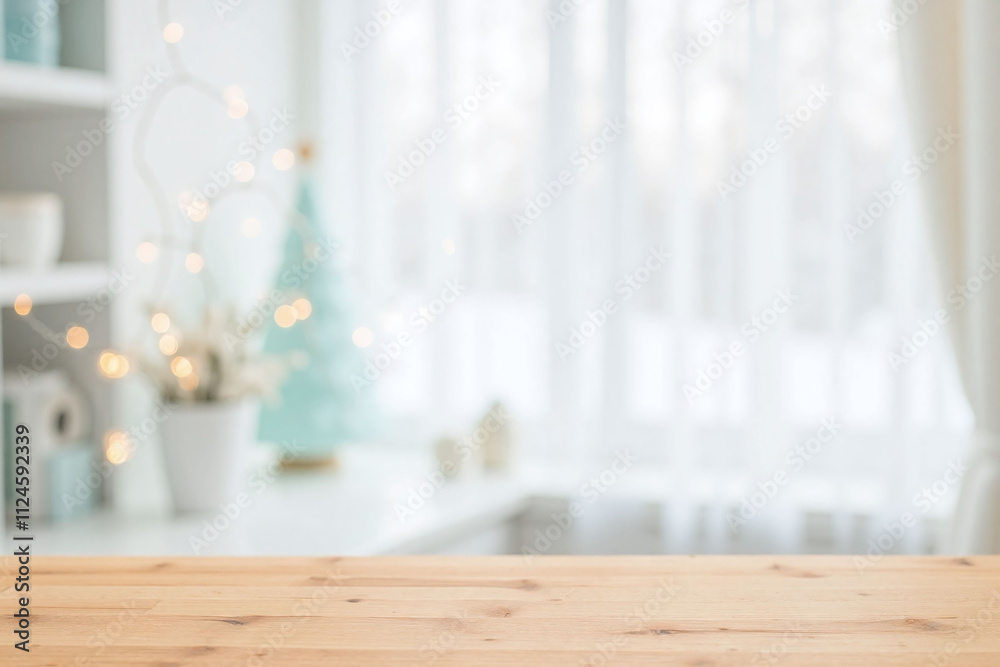 Winter-themed indoor scene with wooden surface Winter-themed indoor scene with wooden surface