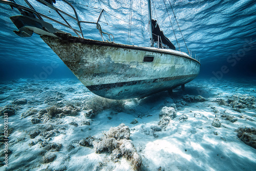 submerged sailboat, underwater scene, old boat, coral reef, sandy ocean floor, clear blue water, marine life, underwater photography, ocean exploration, shipwreck underwater, marine environment, aband photo