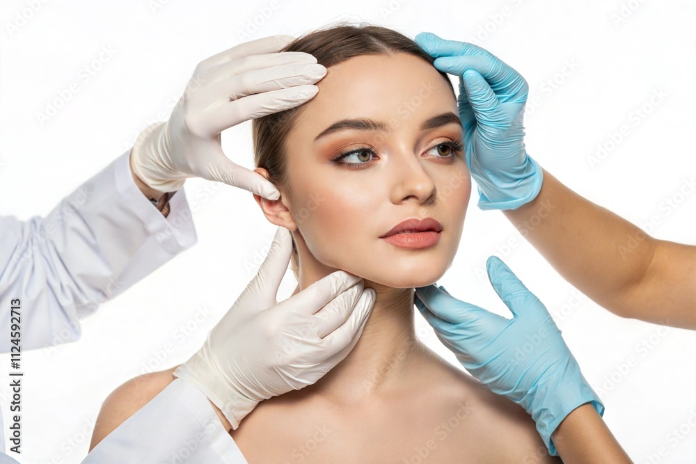 Portrait young woman touched doctors gloves plastic surgery clean white background Portrait young woman touched doctors gloves plastic surgery clean white background