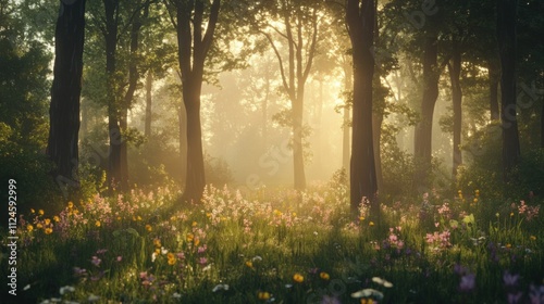 Enchanted woodland with tall trees and wildflowers, golden sunlight illuminating the scene