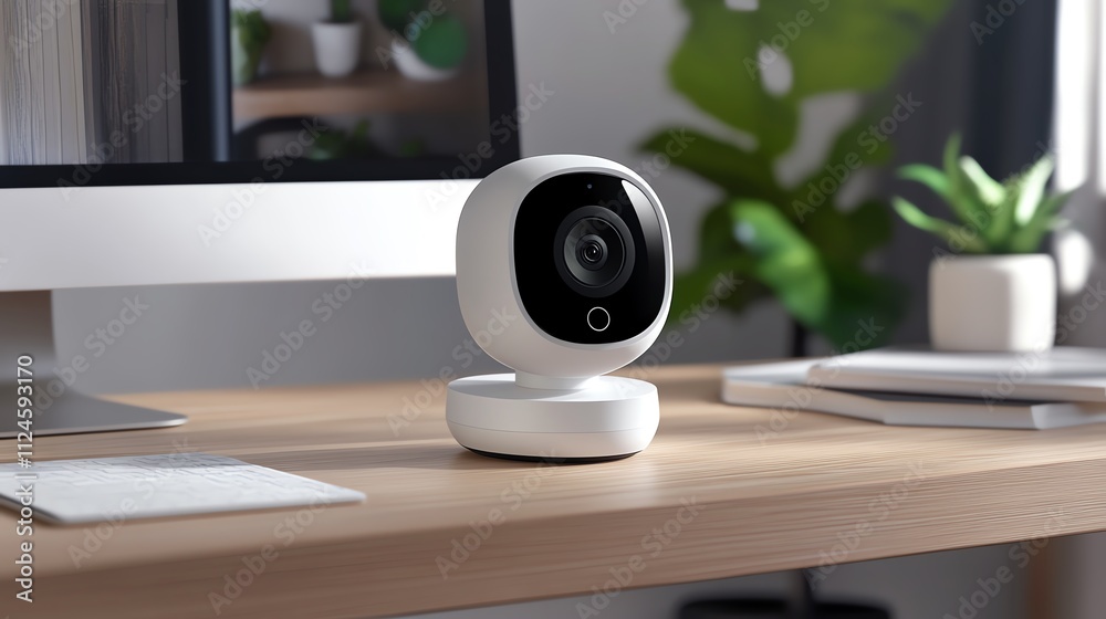 Compact AIenabled smart camera perched on a shelf in a stylish home office Compact AIenabled smart camera perched on a shelf in a stylish home office