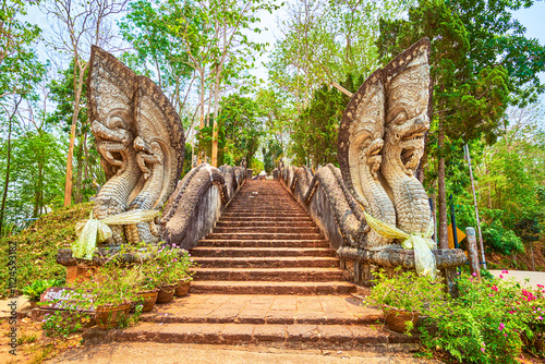 Nagas at the base of the staircase of Phrathat Pukhaw temple complex, Ban Sop Ruak, Thailand photo