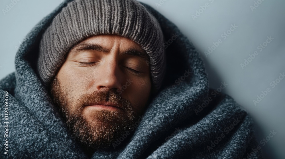 Cozy Man with Beard and Hat Wrapped in Blanket Resting Peacefully on a Soft Background in Relaxed State Cozy Man with Beard and Hat Wrapped in Blanket Resting Peacefully on a Soft Background in Relaxed State