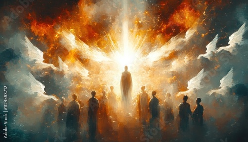 The Descent of the Holy Spirit during Pentecost with Apostles and Angels in a Celestial Scene