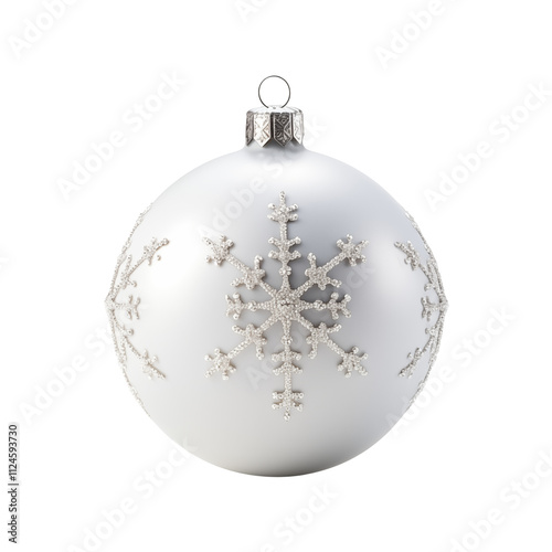 White Christmas ornament with silver glitter decorations on a transparent background