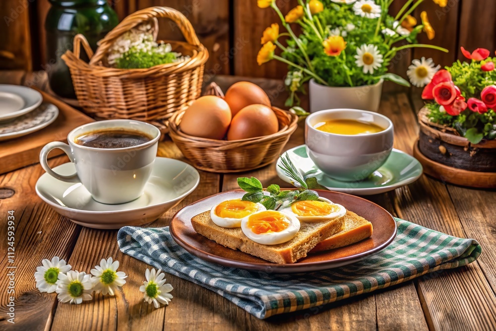 A Cozy Breakfast Scene Featuring Eggs and Toast with a Fresh Cup of Coffee on a Rustic Dining Table, Perfect for Morning Inspiration and Culinary Delight A Cozy Breakfast Scene Featuring Eggs and Toast with a Fresh Cup of Coffee on a Rustic Dining Table, Perfect for Morning Inspiration and Culinary Delight