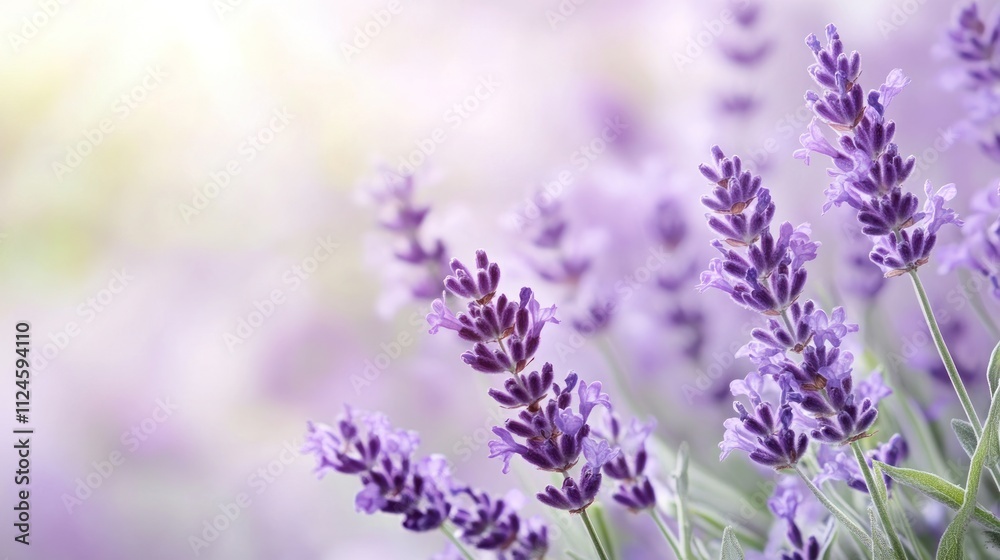 Naklejka premium A close-up view of blooming lavender flowers, showcasing their vibrant purple hues and delicate details against a soft background.