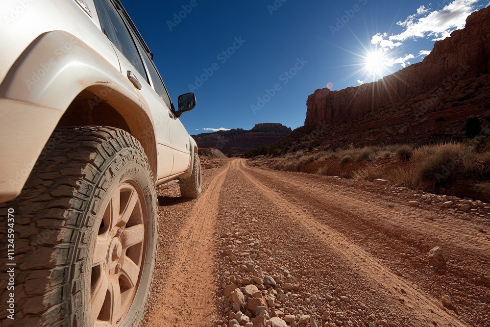 Off-road adventure on a dusty trail with sun shining in the background near red rock formations in the late afternoon Off-road adventure on a dusty trail with sun shining in the background near red rock formations in the late afternoon