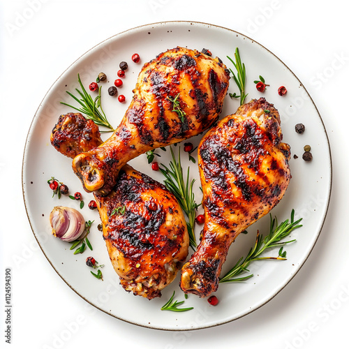 Grilled chicken legs, bbq, top view, isolated on white background. photo