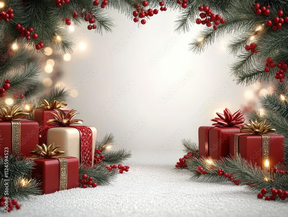 Christmas Scene Template with Evergreen Frame and Red Berries Beautifully Wrapped Gifts Christmas Scene Template with Evergreen Frame and Red Berries Beautifully Wrapped Gifts