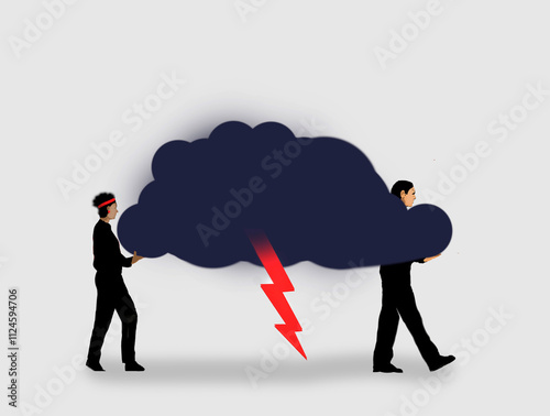 Concept illustration of a couple carrying a storm cloud with a lightning bolt. photo