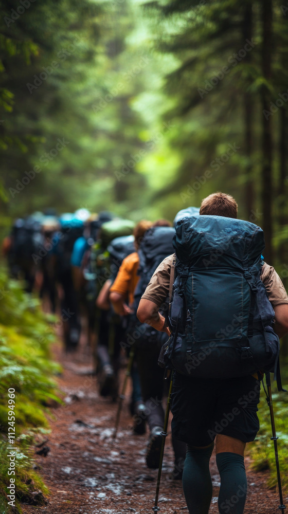 A group of individuals carrying heavy backpacks trek along a narrow forest path surrounded by lush greenery in the soft light of late afternoon A group of individuals carrying heavy backpacks trek along a narrow forest path surrounded by lush greenery in the soft light of late afternoon