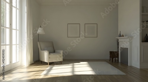 interior of a room with a couch and two empty picture frame photo