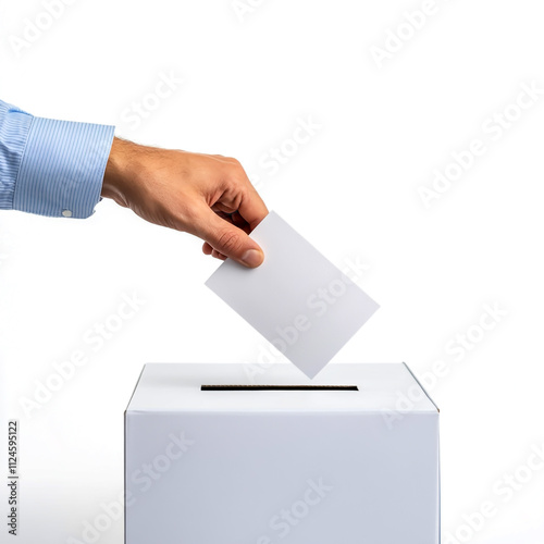 Hand placing a ballot into a voting box, isolated on white background. photo