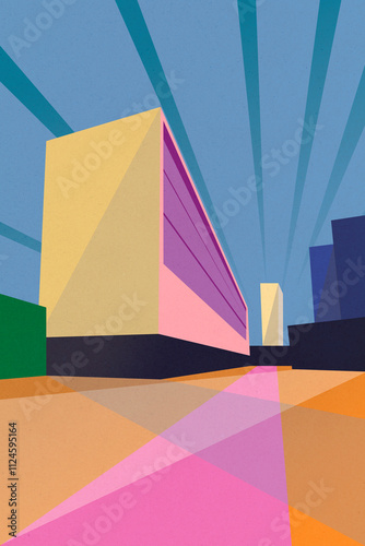 Abstract Bauhaus-style urban illustration with colorful geometric buildings