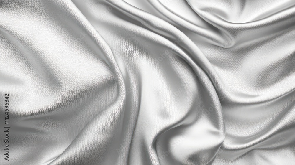 Fototapeta premium A close-up view of smooth, shiny silver fabric, showcasing its elegant drapes and soft texture.