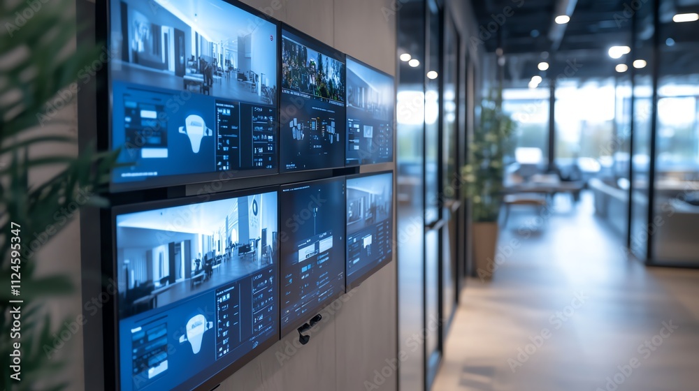 Luxury hallway surveillance hub, glowing as it displays multiple feeds Luxury hallway surveillance hub, glowing as it displays multiple feeds