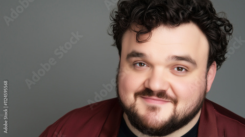 plump corpulent portly guy with friendly smile. man with dark curly hair and beard.