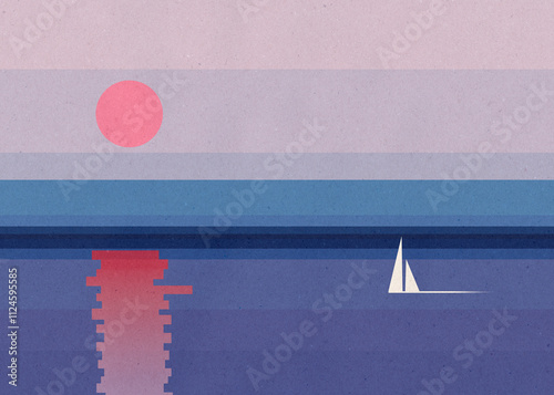 Retro sailing illustration with sun and sea