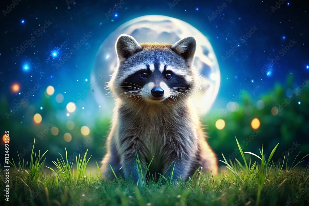 Obraz premium A Curious Raccoon Gazes at the Night Sky Under the Moonlight, Capturing the Magic of Nature and Wildlife in a Serene Nighttime Scene