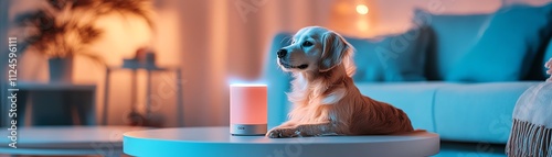 Pet tracking camera with laser toy integration, glowing in a living room